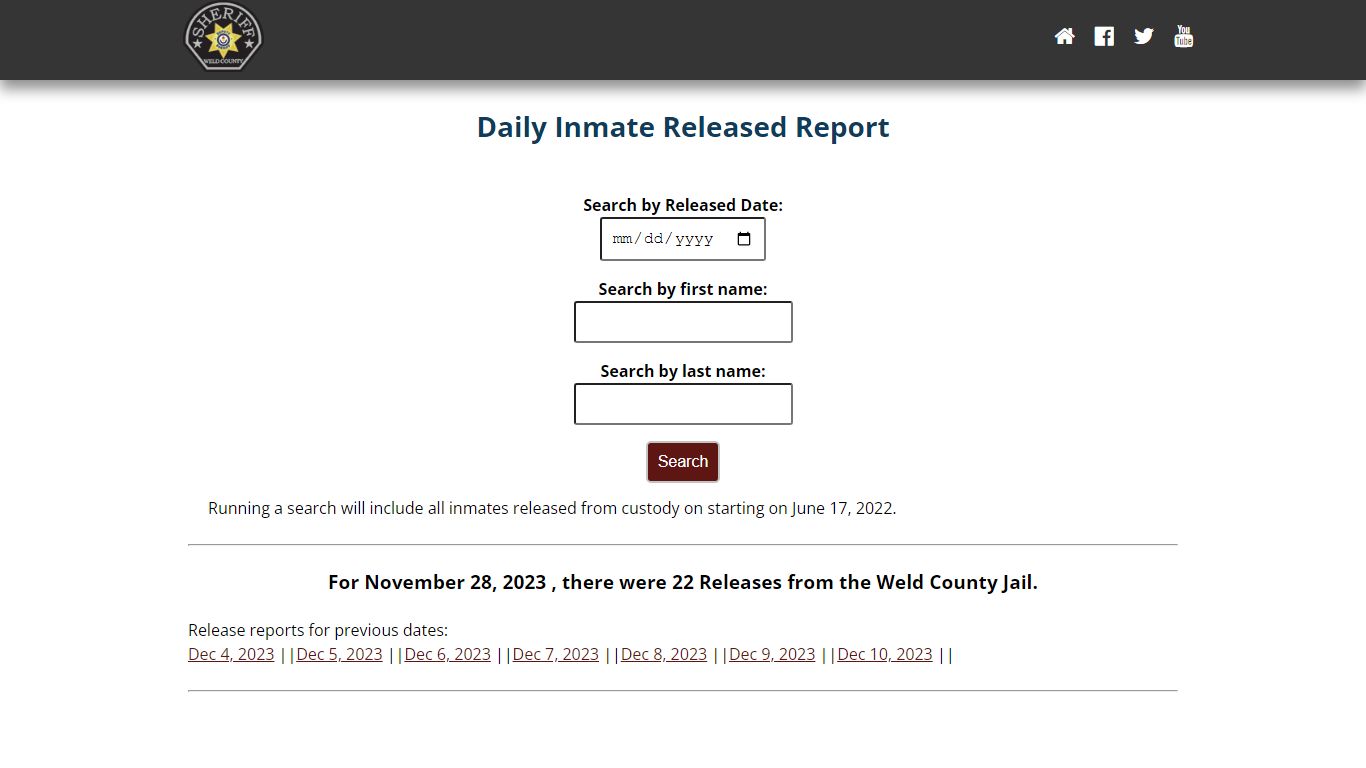 Weld County: Sheriff's Office Inmate Released Report